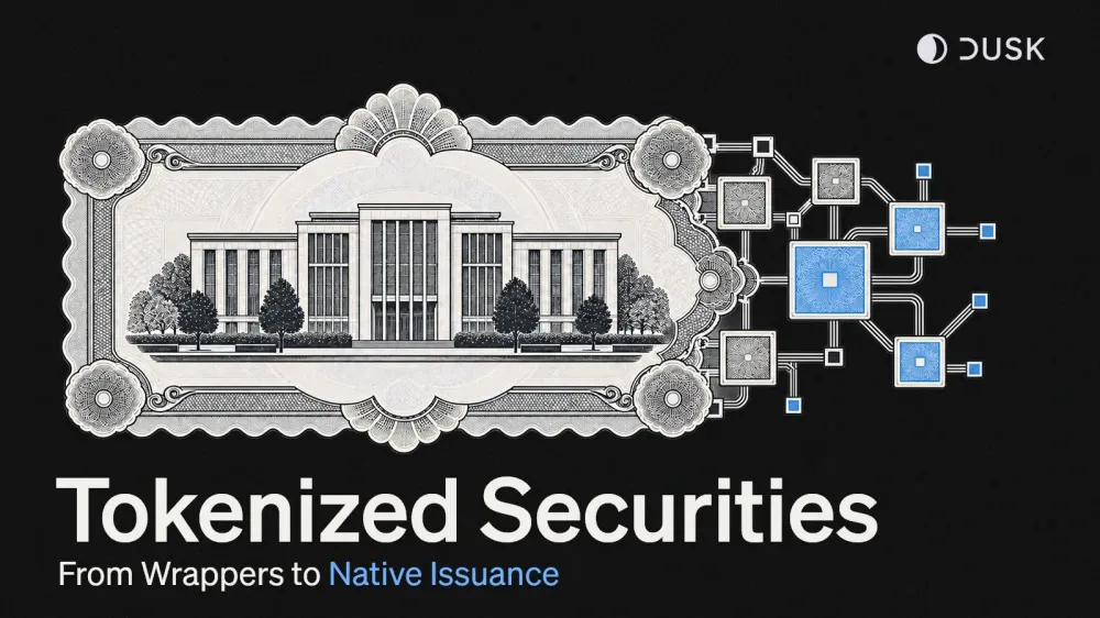 Tokenized Securities: From Wrappers to Native Issuance. An engraved company and securities certificate connects to an onchain network, with the Dusk logo.